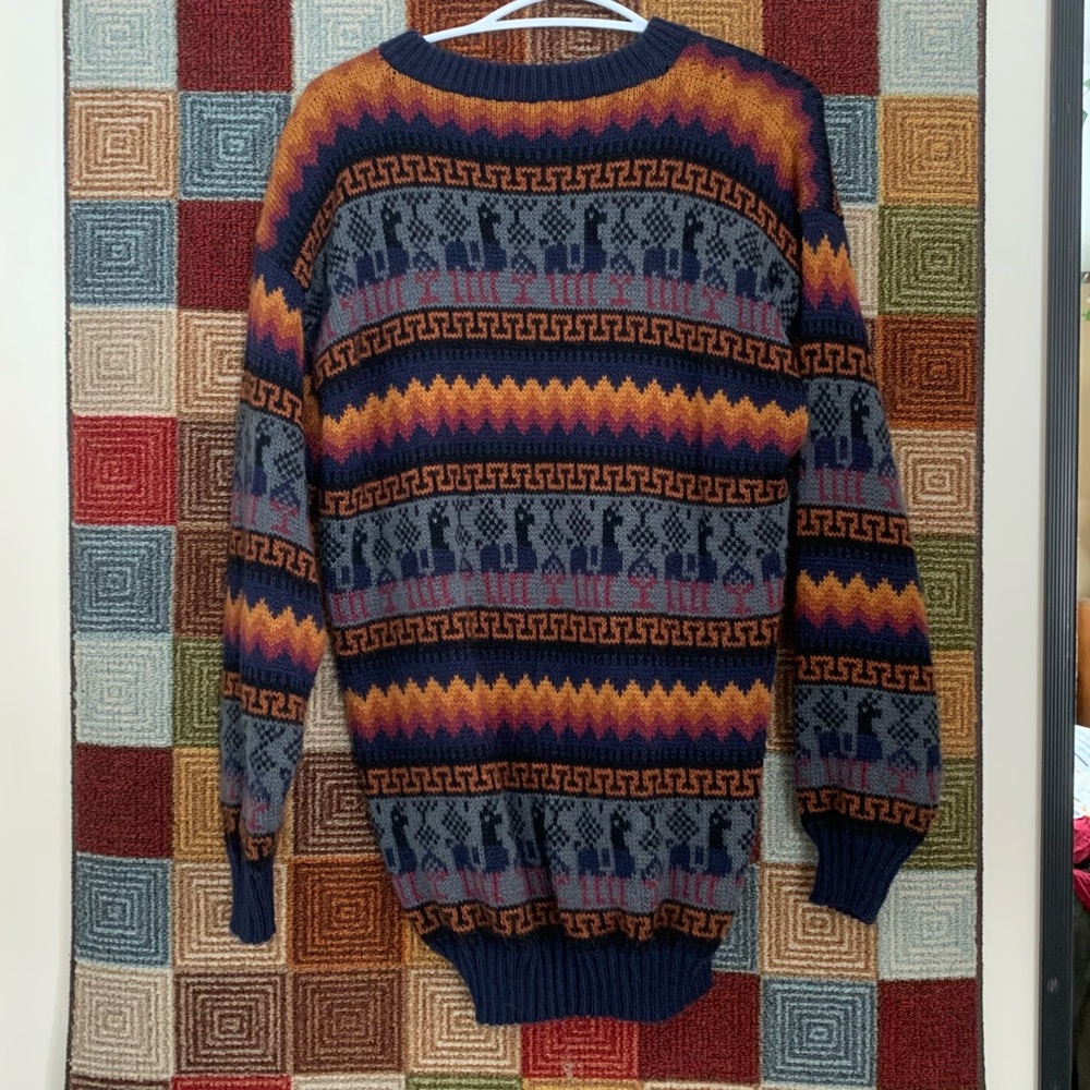 Men's Multicolor Patterned Crewneck Sweater - Navy & Orange